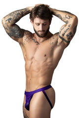Male power 350-302 eggplant crossover jock in plum satin with supportive high-waisted thong design shown from back