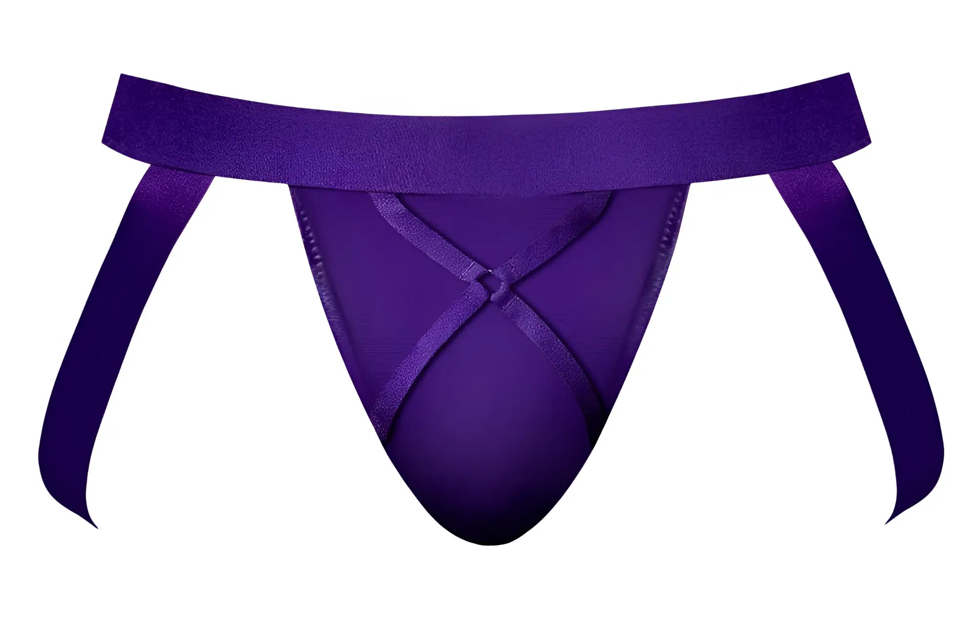 Male power 350-302 eggplant crossover jock in plum satin thong with wide waistband and crossed ribbon ties