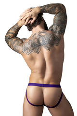Back view of male power 350-302 eggplant crossover jock in plum smooth stretchy fabric with ornate tattoo design