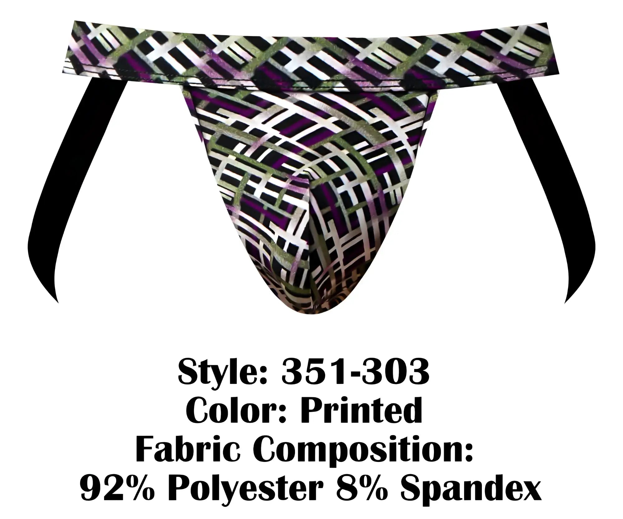 Male power 351-303 gridlocked strappy ring jock printed athletic brief with bold black white and purple geometric pattern