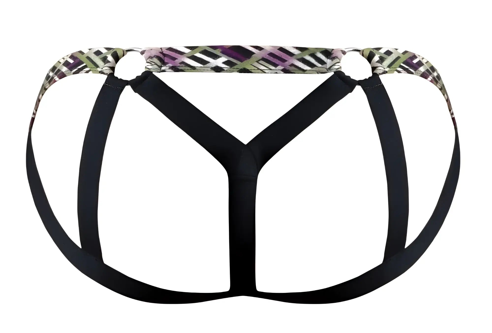 Black fabric briefs with patterned purple green and white geometric waistband from male power 351-303 gridlocked strappy ring jock color printed