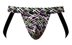 Male power 351-303 gridlocked strappy ring jock thong with black white and purple geometric pattern and wide waistband