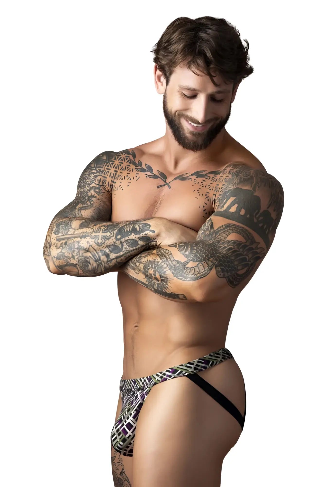 Male power 351-303 gridlocked strappy ring jock briefs with black and white geometric print and bold pattern design