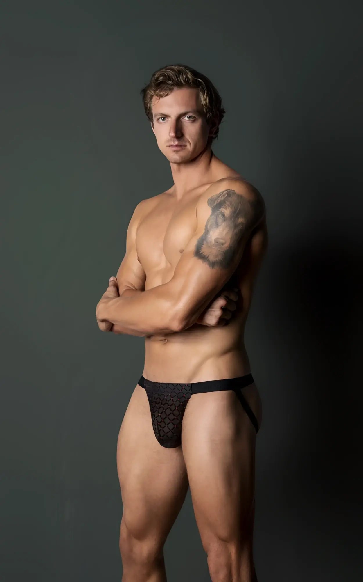 Male Power 353-296 Widow Maker classic jock briefs in black with geometric lace pattern, front view