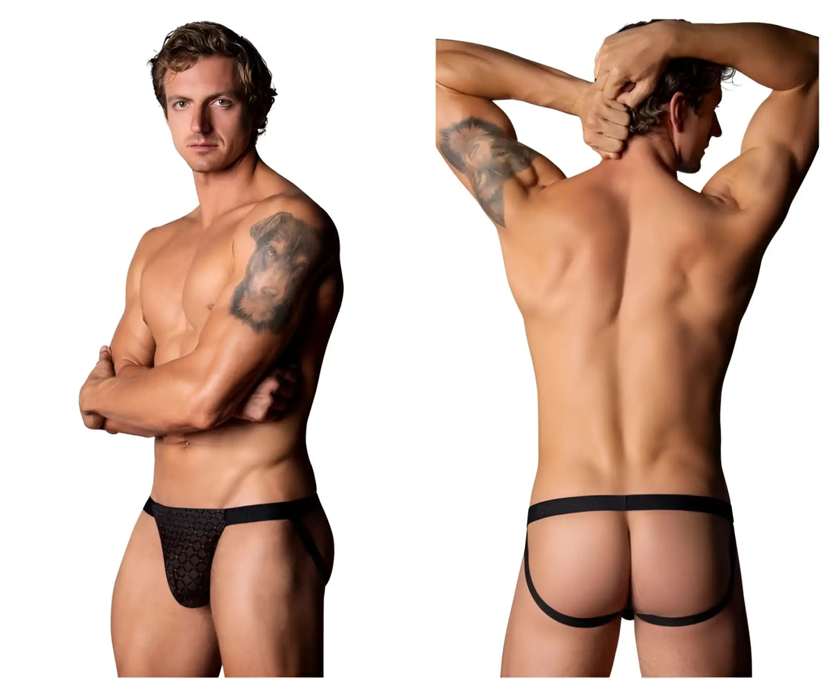 Male power 353-296 widow maker classic jock black lace briefs with solid black waistband and leg openings