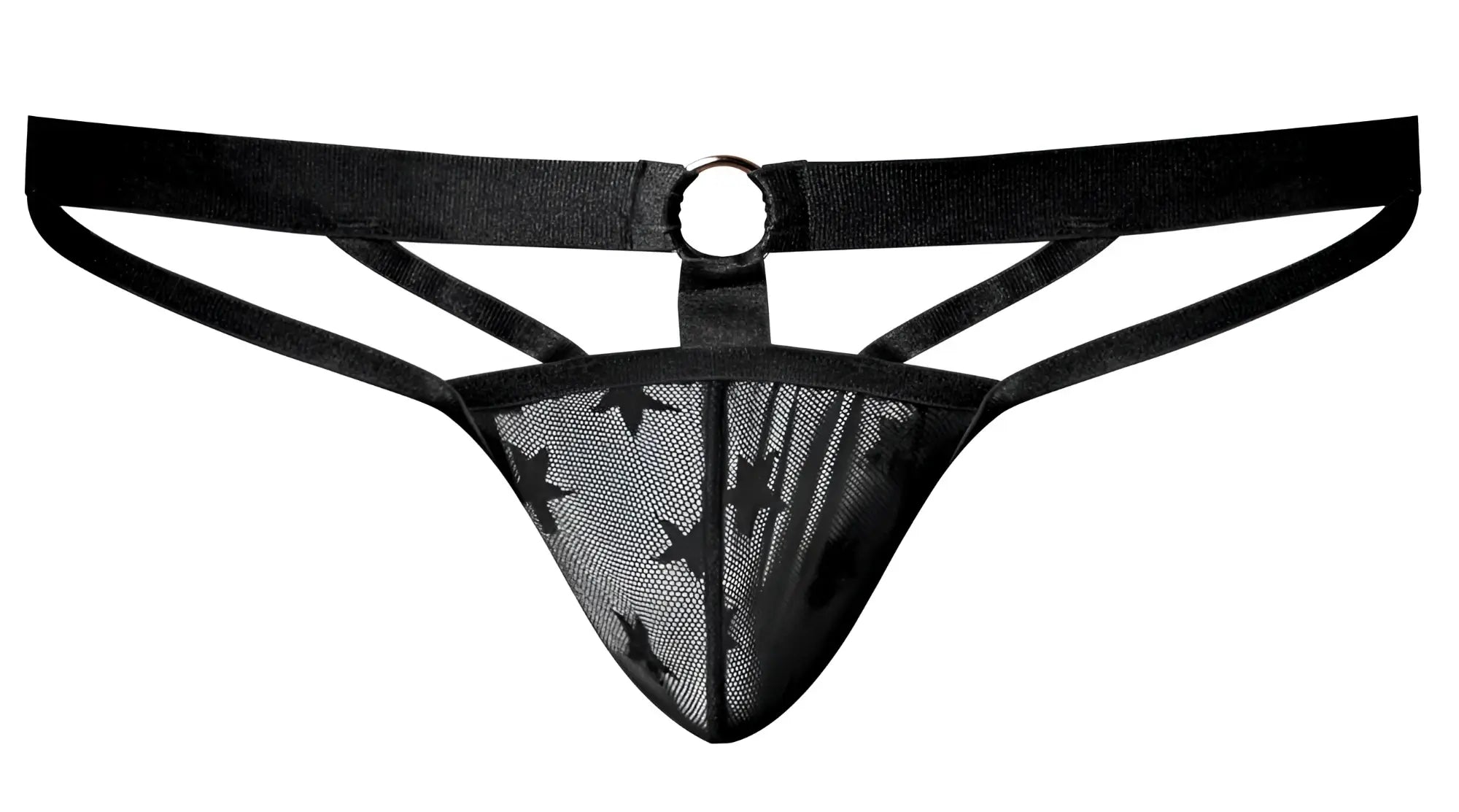 Male power 386-291 love star jock black mesh thong with star pattern and central metal ring front view