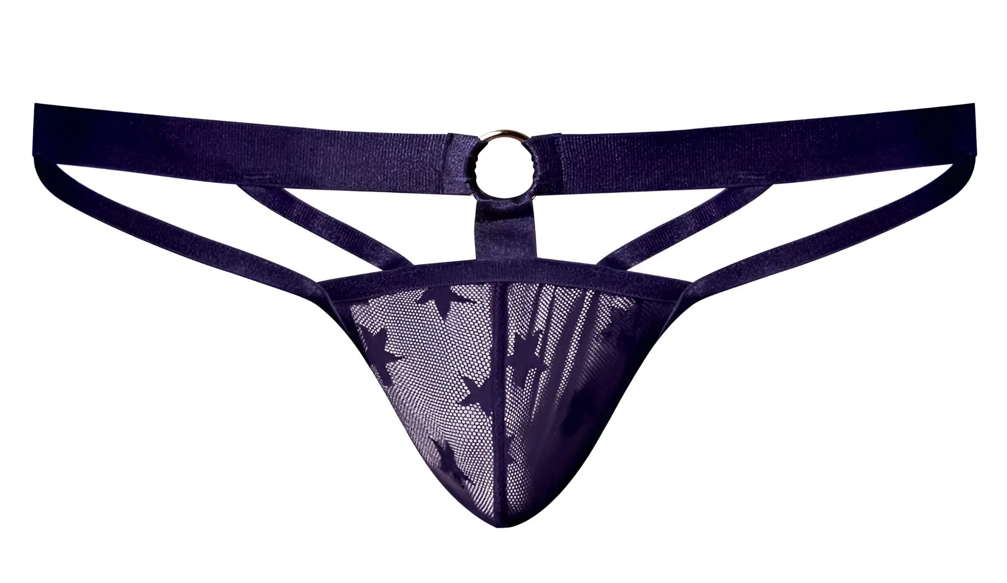 Male power 386-291 love star jock in navy blue star-patterned mesh thong with central metal ring purple color