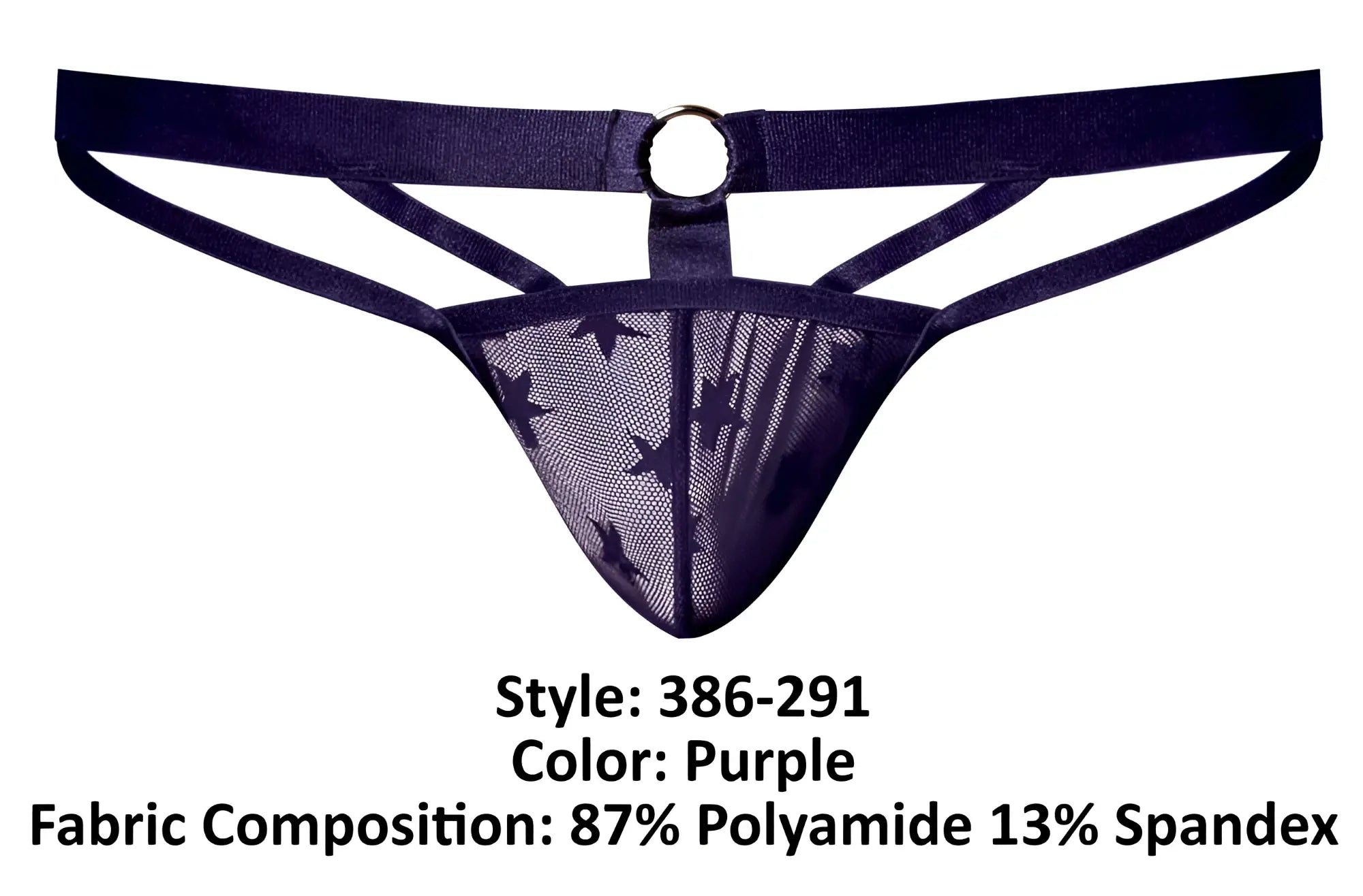 Male power purple mesh thong jock with star pattern dark blue waistband and metal ring front view