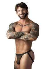 Male power 388-11c fishnet 2 jockstrap in black features black mesh briefs with a solid black waistband front view