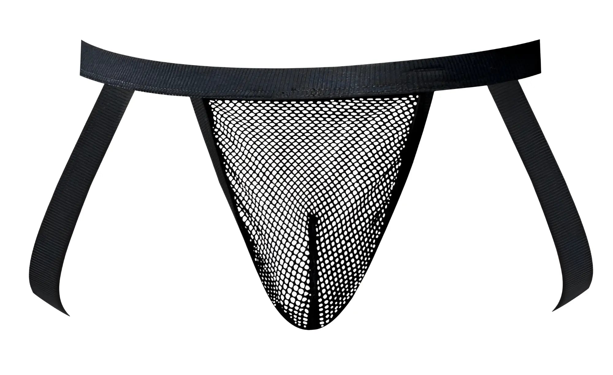 Black mesh thong with solid black waistband and side straps from male power 388-11c fishnet 2 jockstrap collection