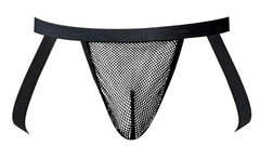 Black mesh thong with solid black waistband and side straps from male power 388-11c fishnet 2 jockstrap collection