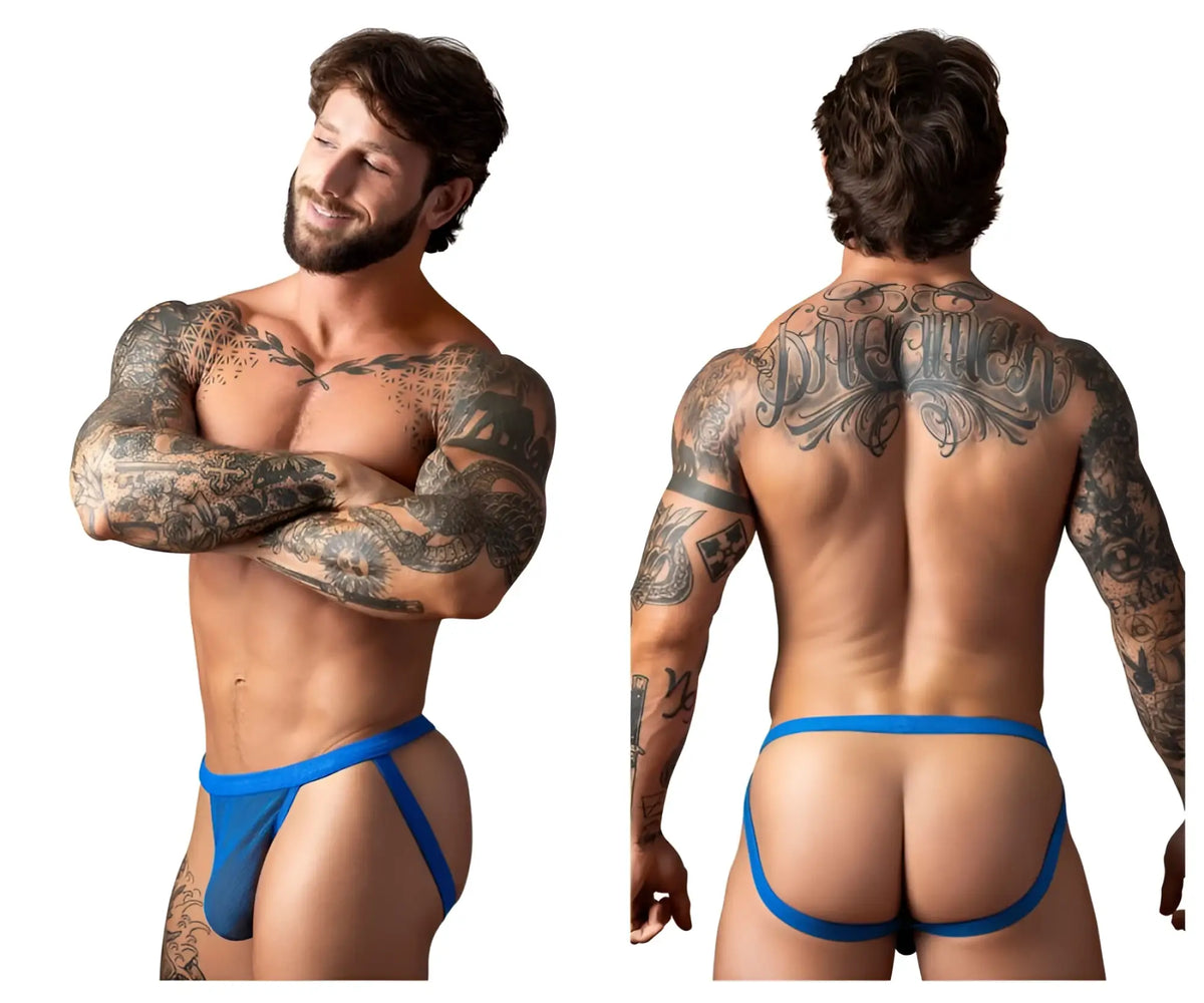 Male power 388-11c fishnet 2 jockstrap in royal blue with thin side straps and supportive contoured design showing back side