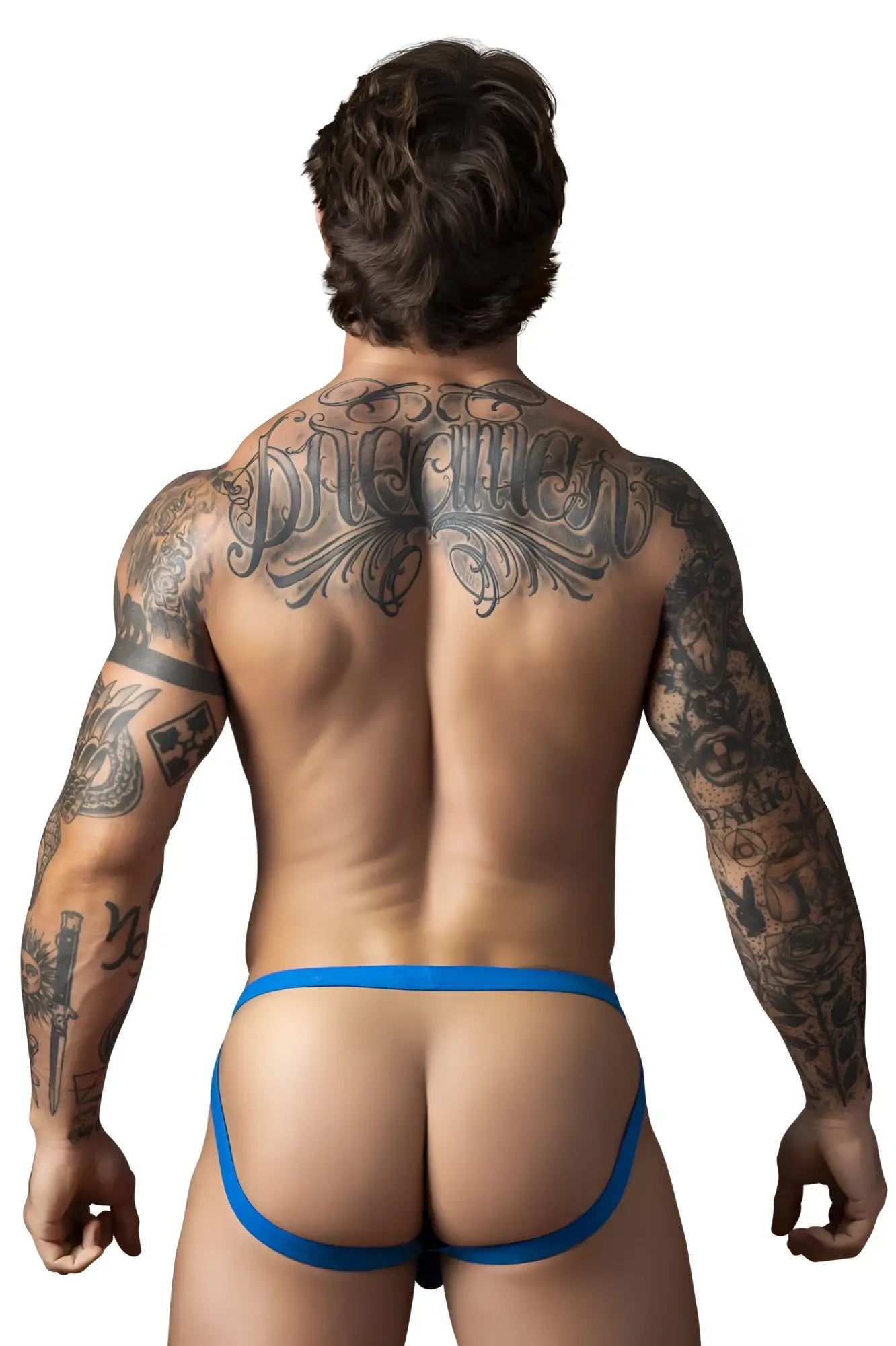 Male power 388-11c fishnet 2 jockstrap in royal blue with a snug fit and thin elastic waistband shown from the back