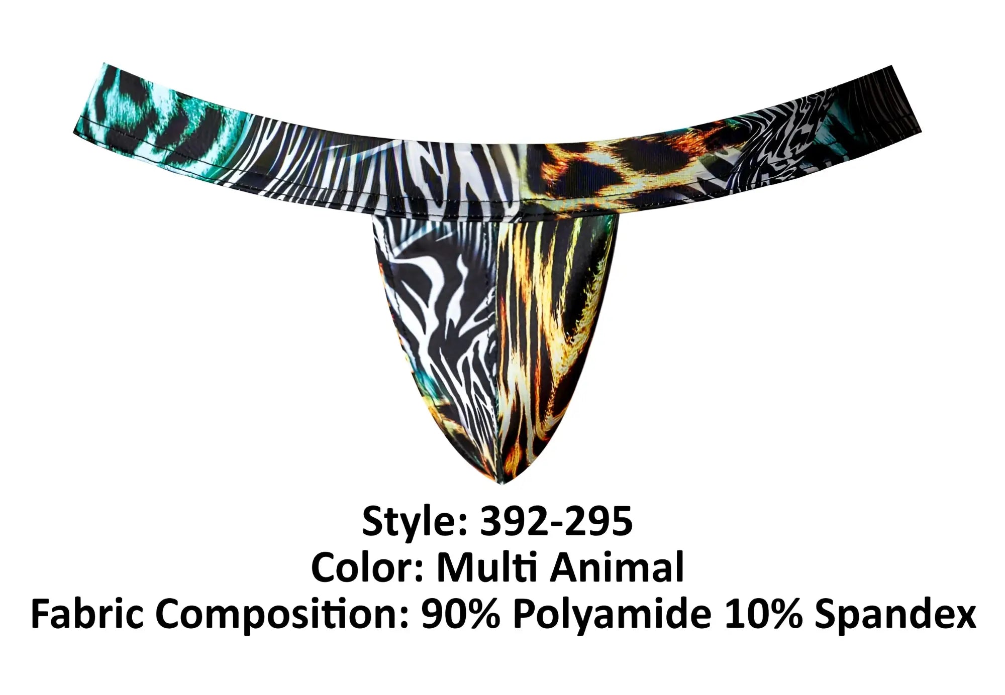 Male power 392-295 go wild sport jock thong in bold zebra and leopard print with teal accents front view