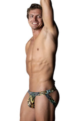 Male power 392-295 go wild sport jockstrap with bold gold and black leopard print pattern in vibrant colors