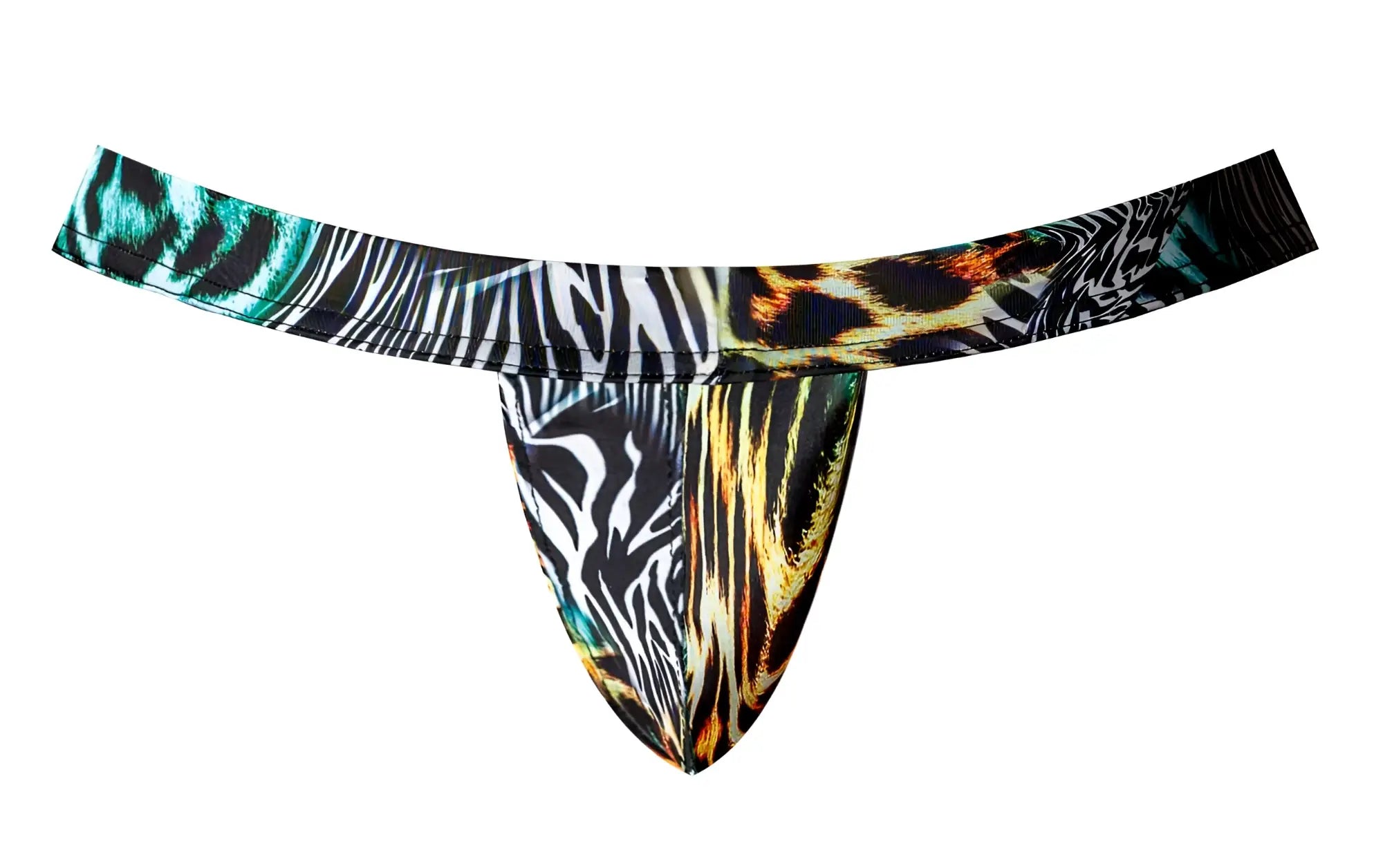 Male power 392-295 go wild sport jock thong with vibrant multi-patterned zebra and leopard prints in black white teal gold and orange
