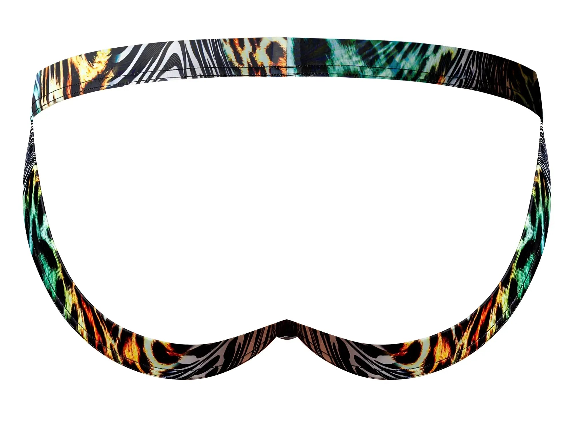 Male power 392-295 go wild sport jock swim trunks with vibrant orange teal leopard and zebra print in multi animal colors