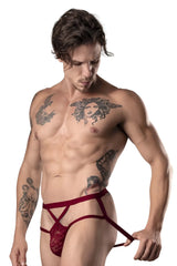 Male power 394-289 lucifer strappy jock in burgundy maroon lace thong with crisscross straps shown from the back