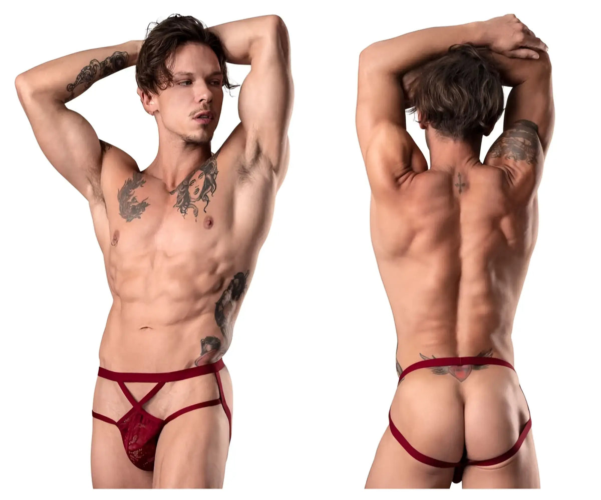 Male power 394-289 lucifer strappy jock burgundy red lace thong with crisscross front straps and back strap shown from the back