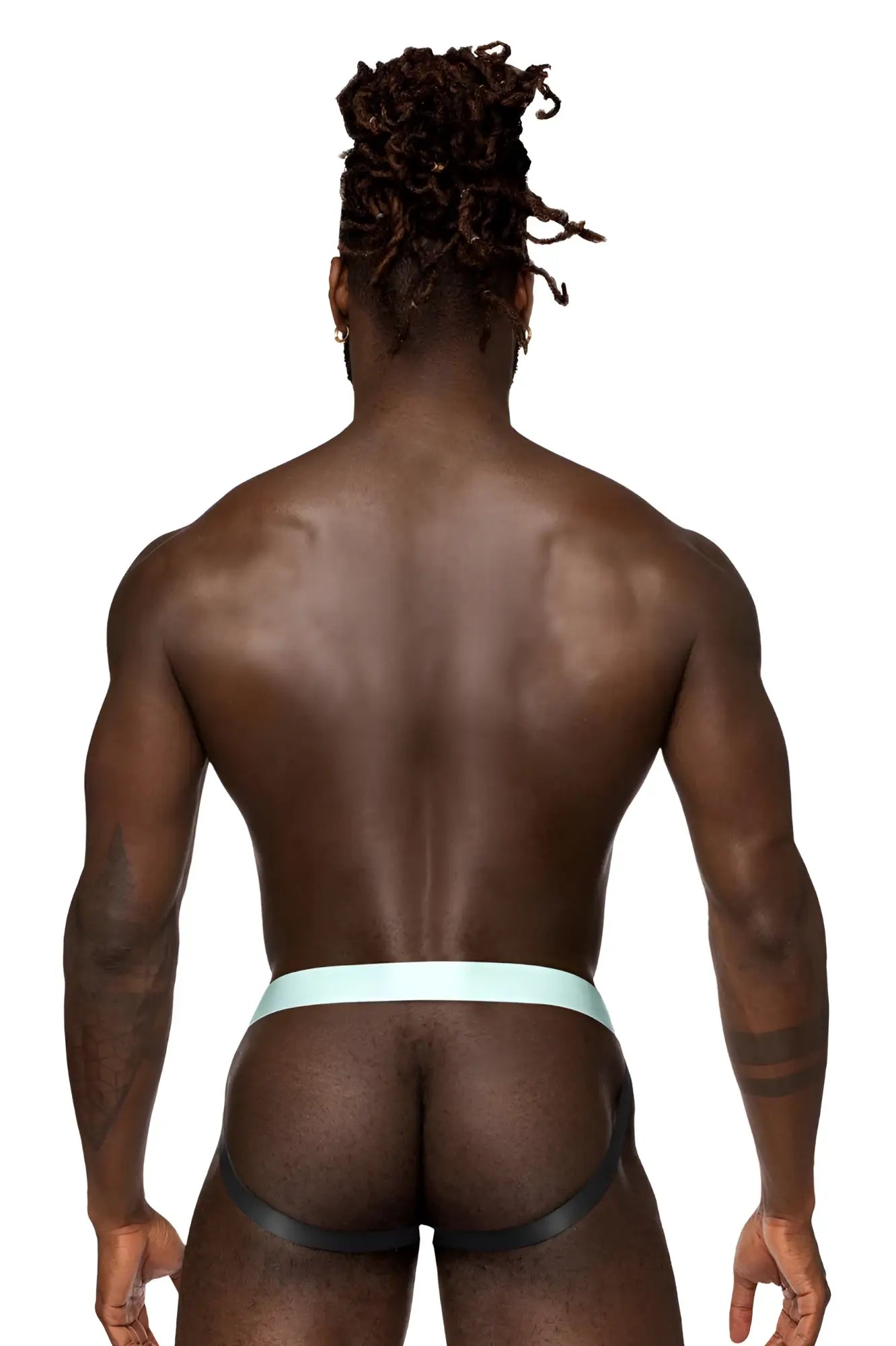 Male power 399-281 easy breezy jock sleeve athletic briefs in black and aqua with sleek form-fitting design