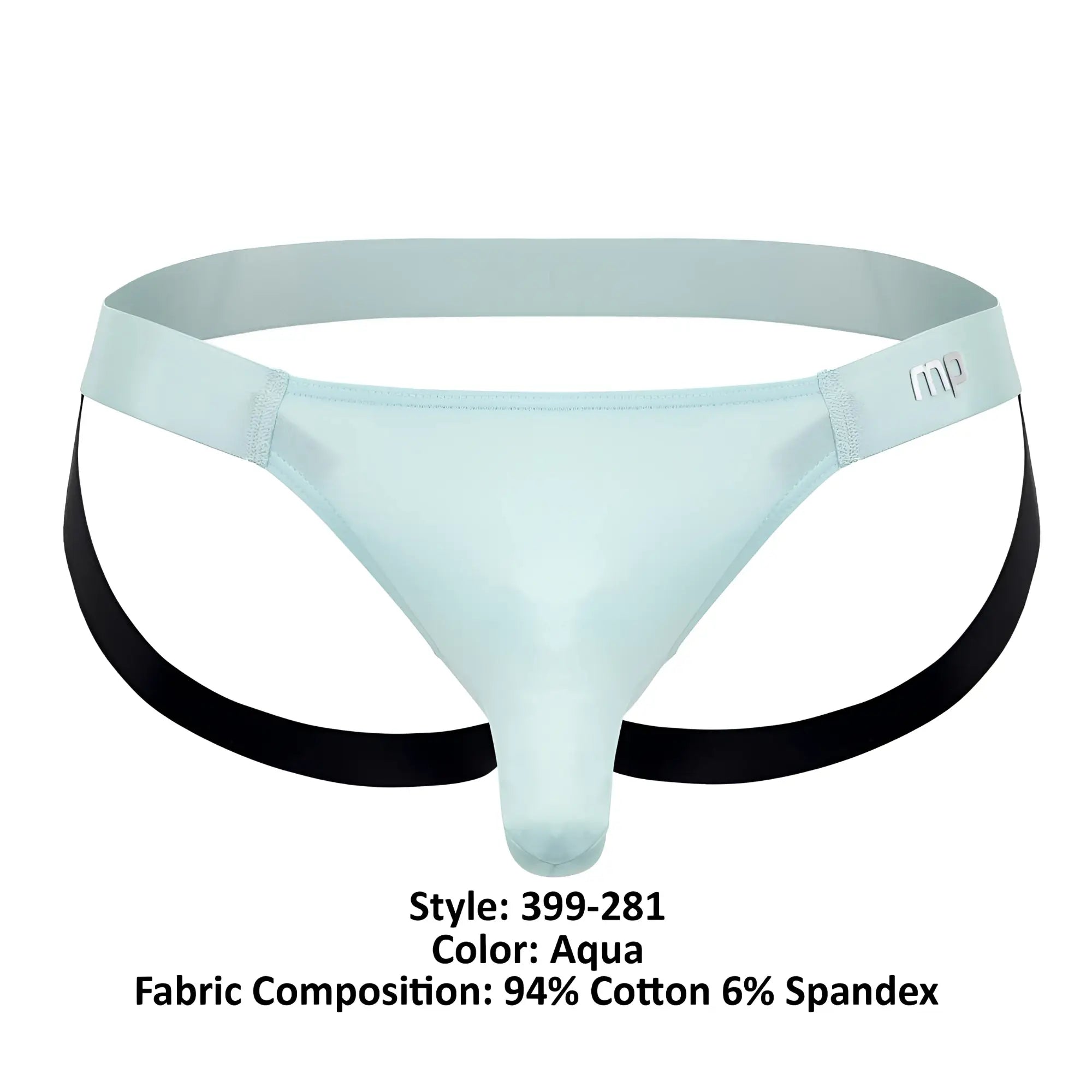 Male power 399-281 easy breezy jock sleeve aqua men’s thong with black straps 94 cotton 6 spandex and mp logo