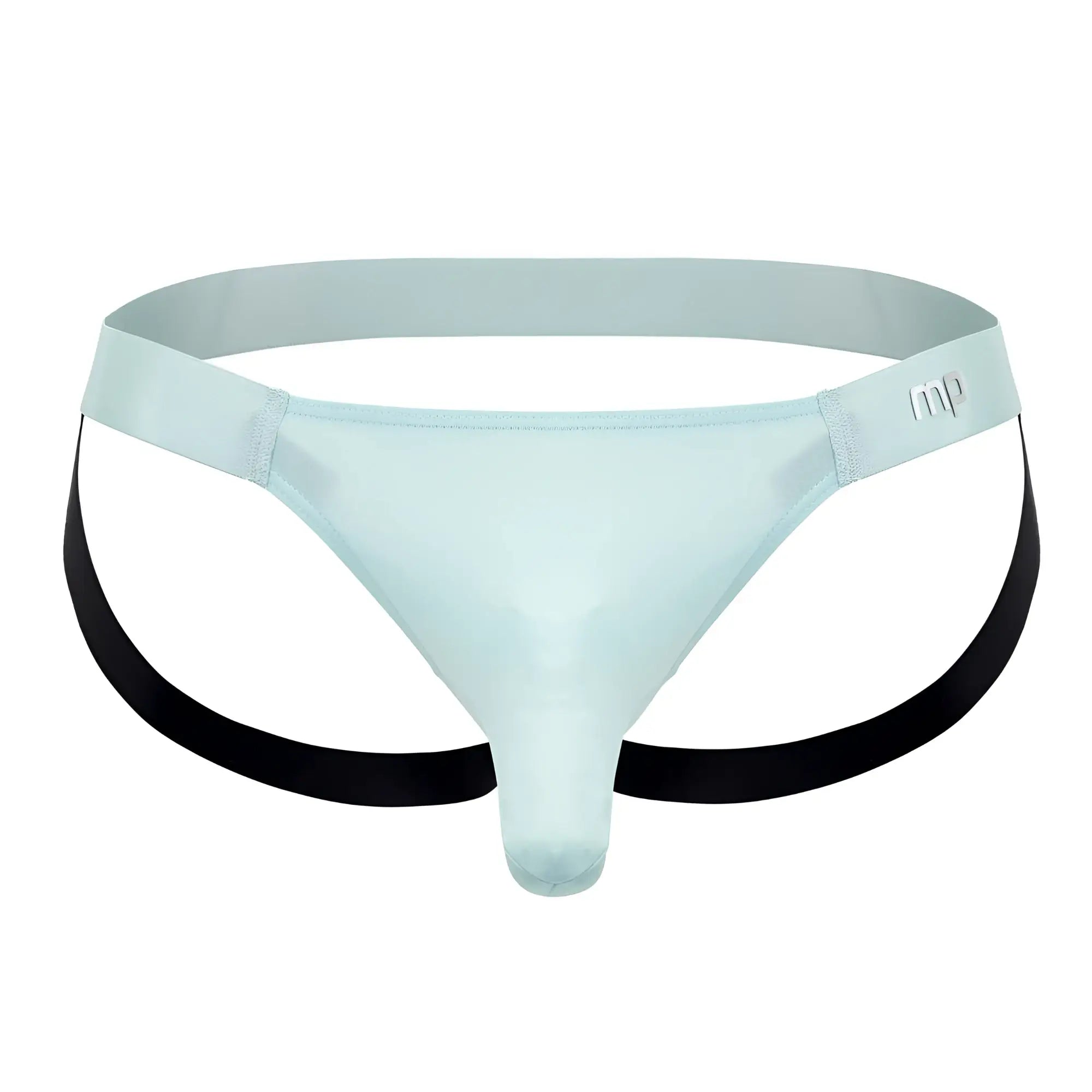 Male power 399-281 easy breezy jock sleeve in aqua light blue sheer nylon thong with black side straps and mp logo waistband