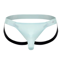 Male power 399-281 easy breezy jock sleeve in aqua light blue sheer nylon thong with black side straps and mp logo waistband