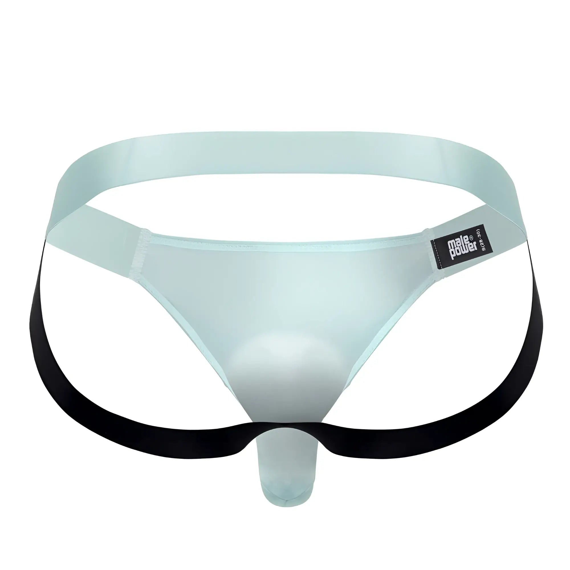 Male power 399-281 easy breezy jock sleeve in aqua with light blue translucent mesh briefs and black elastic side straps