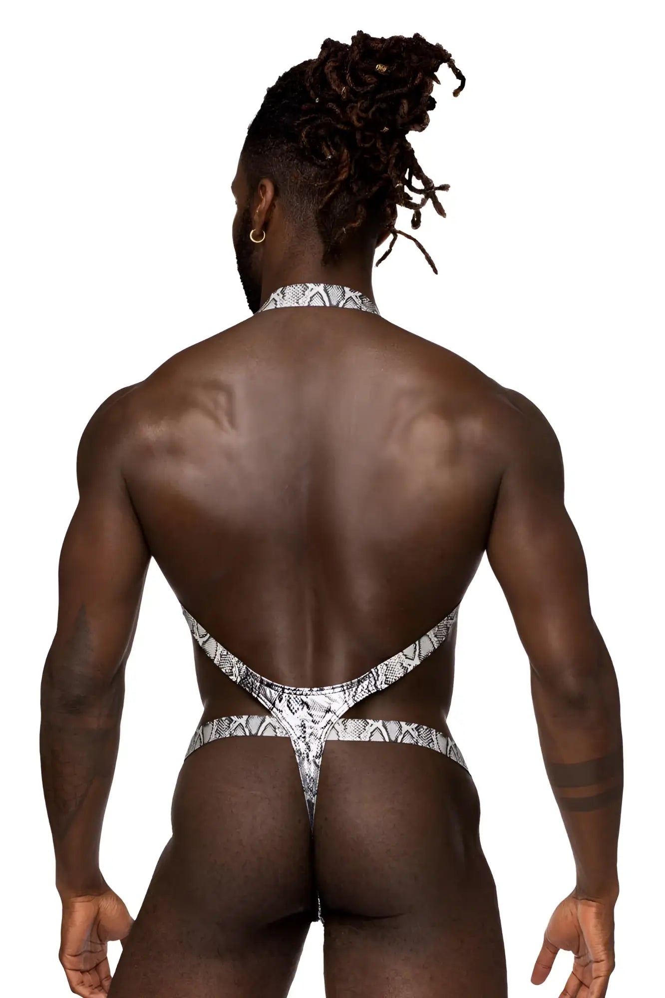 Black and white snake-print thong with halter-style back from Male Power 404-282 S-naked shoulder sling harness in silver-black