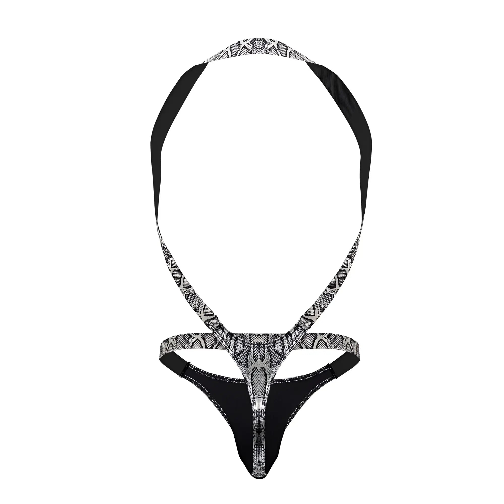 Male power 404-282 s-naked shoulder sling harness thong in black and silver snake-print with back strap design