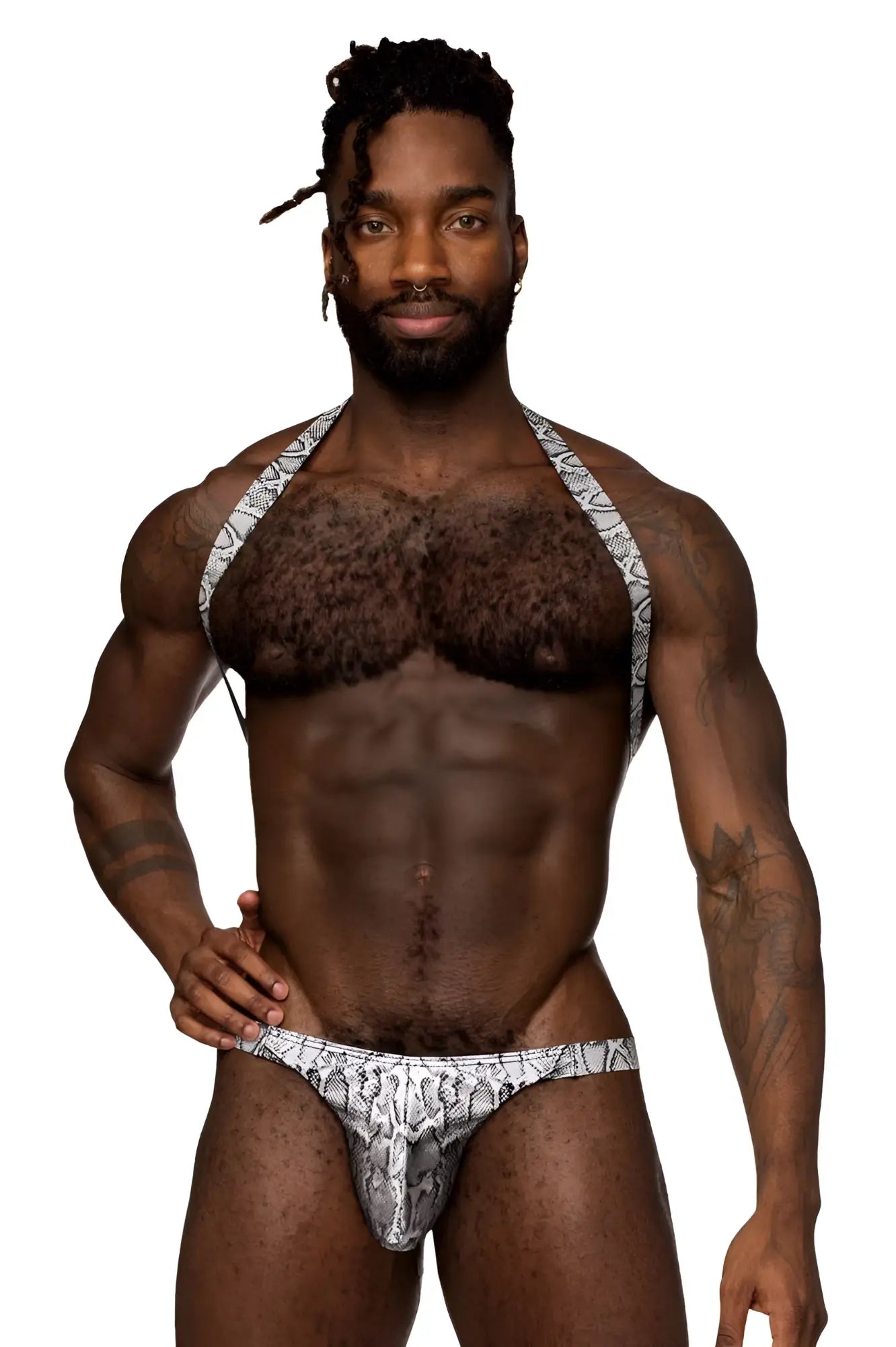 Male power 404-282 silver black snake-patterned halter style briefs with sleek fitted design