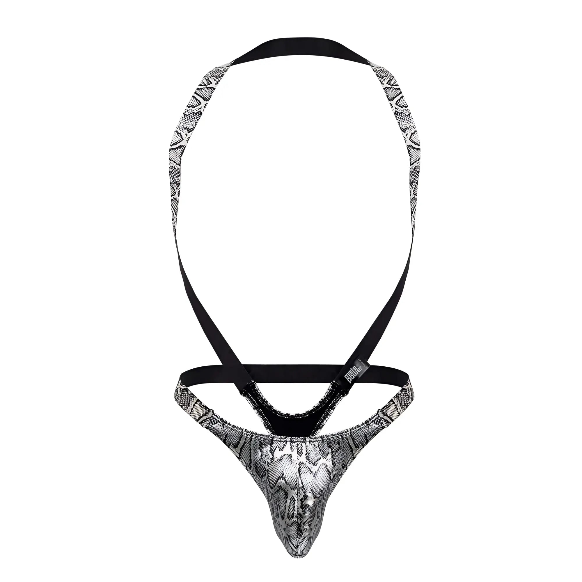 Male power 404-282 s-naked shoulder sling thong in black and silver snake print with adjustable straps shown from back