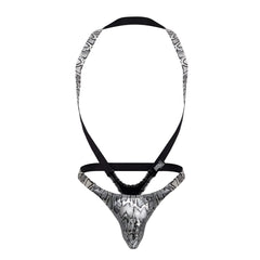 Male power 404-282 s-naked shoulder sling thong in black and silver snake print with adjustable straps shown from back