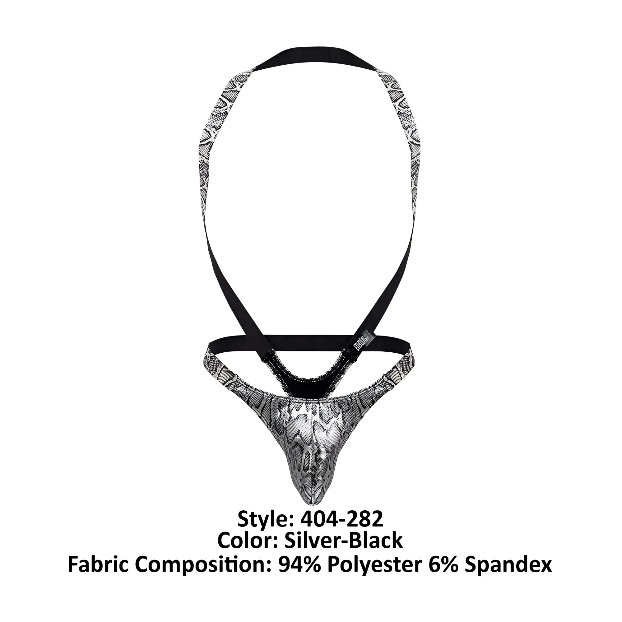 Male power 404-282 silver-black snake-print men’s briefs with black elastic straps and s-naked shoulder sling harness thong design