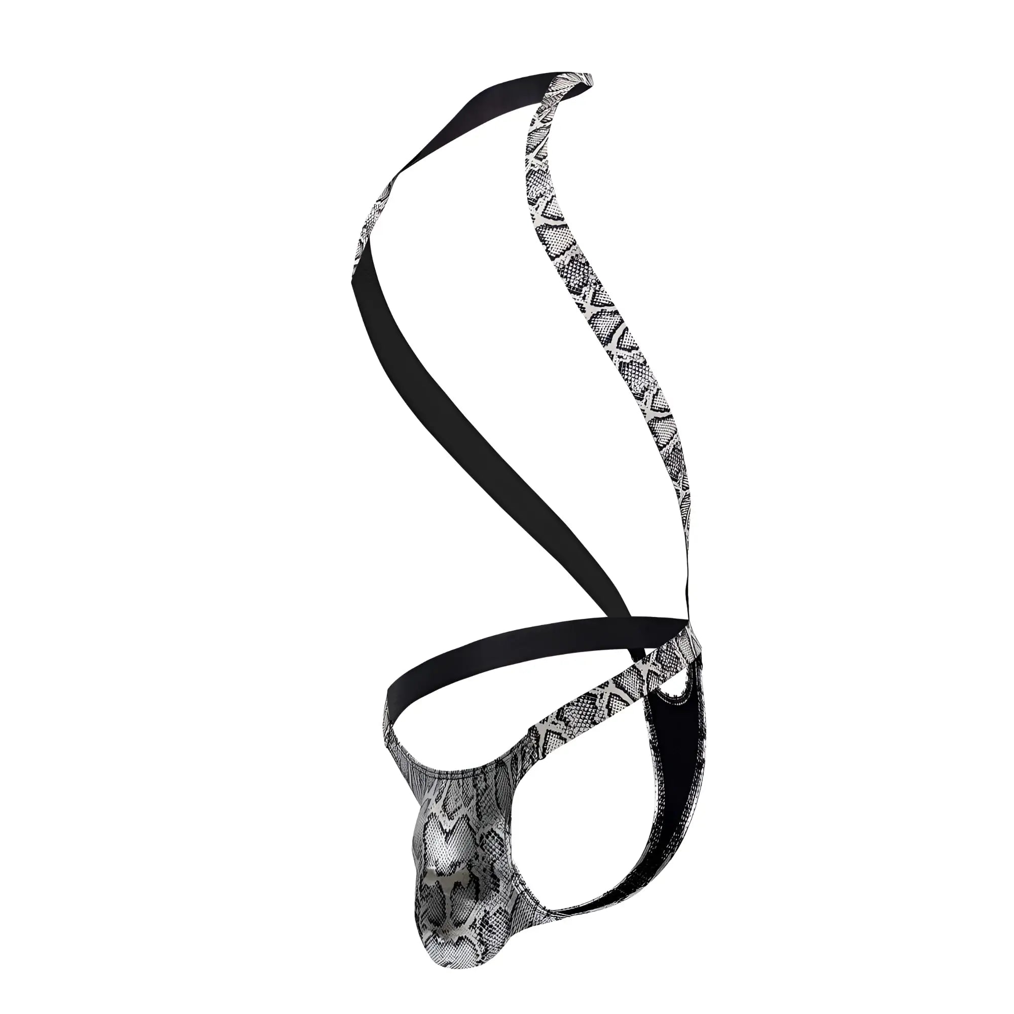 Male power 404-282 s-naked shoulder sling harness thong in silver and black snake-print with sleek form-fitting design