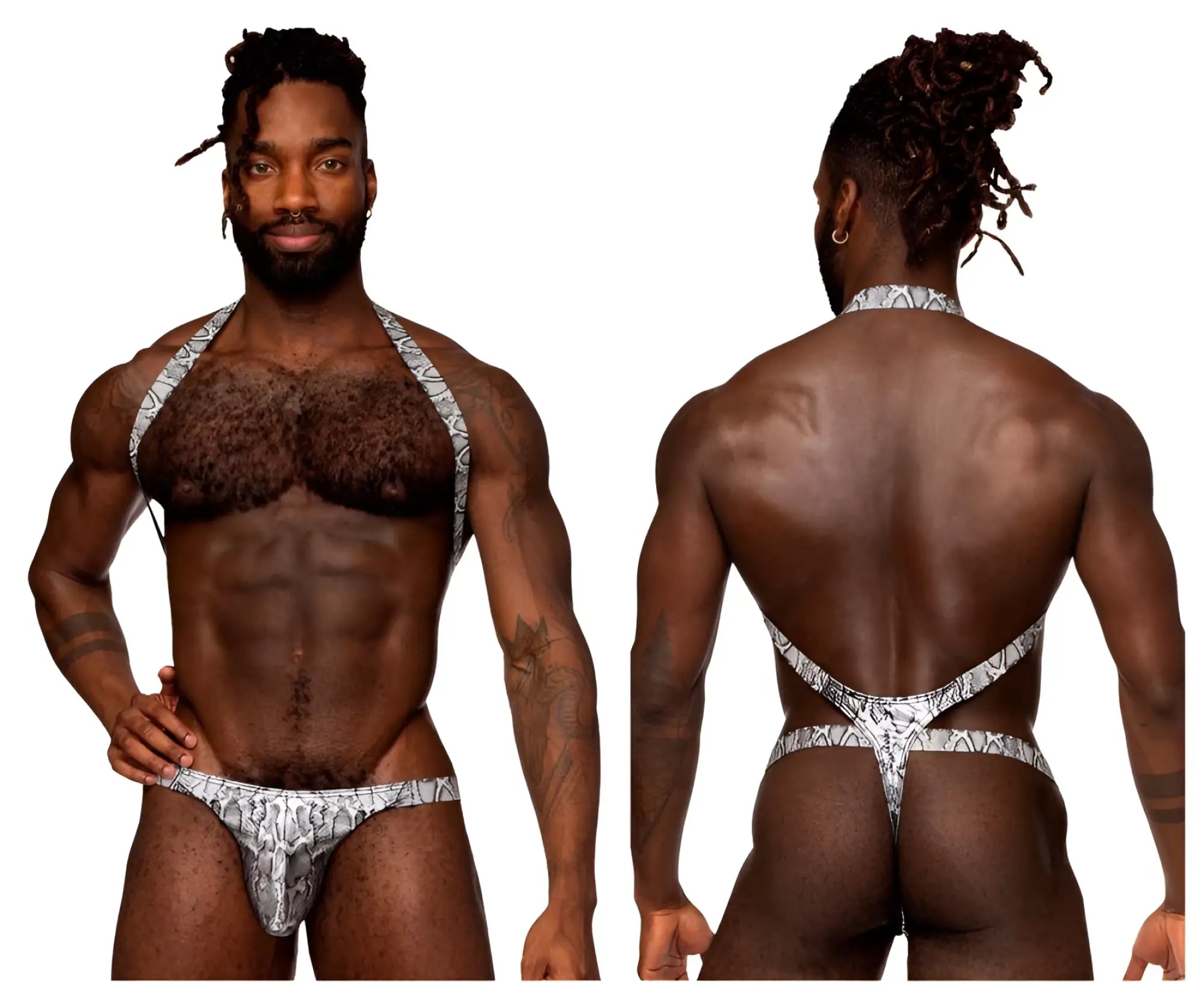 Silver and black snake-patterned men’s thong with halter-style straps from male power shoulder sling harness collection