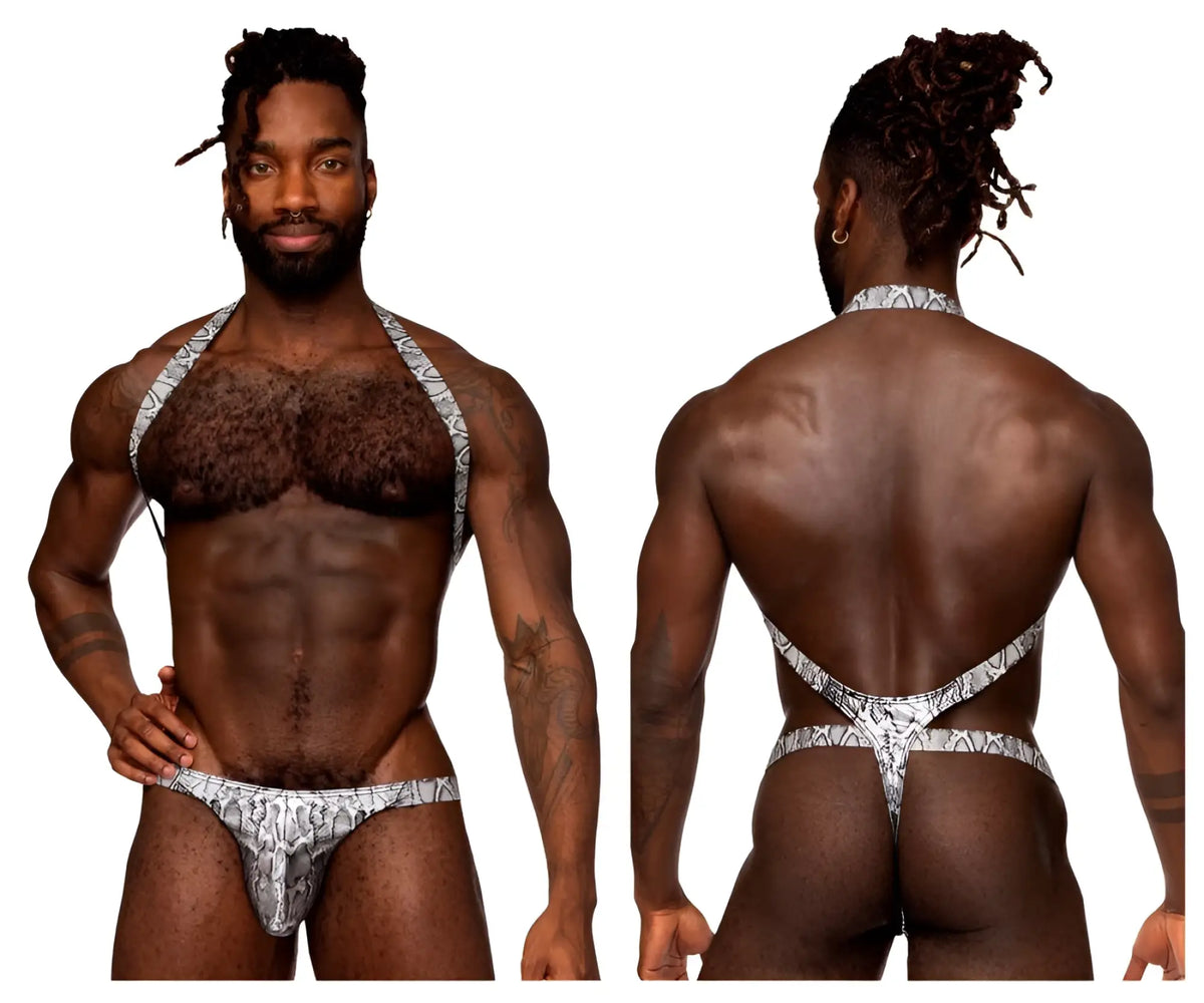Silver and black snake-patterned men’s thong with halter-style straps from male power shoulder sling harness collection