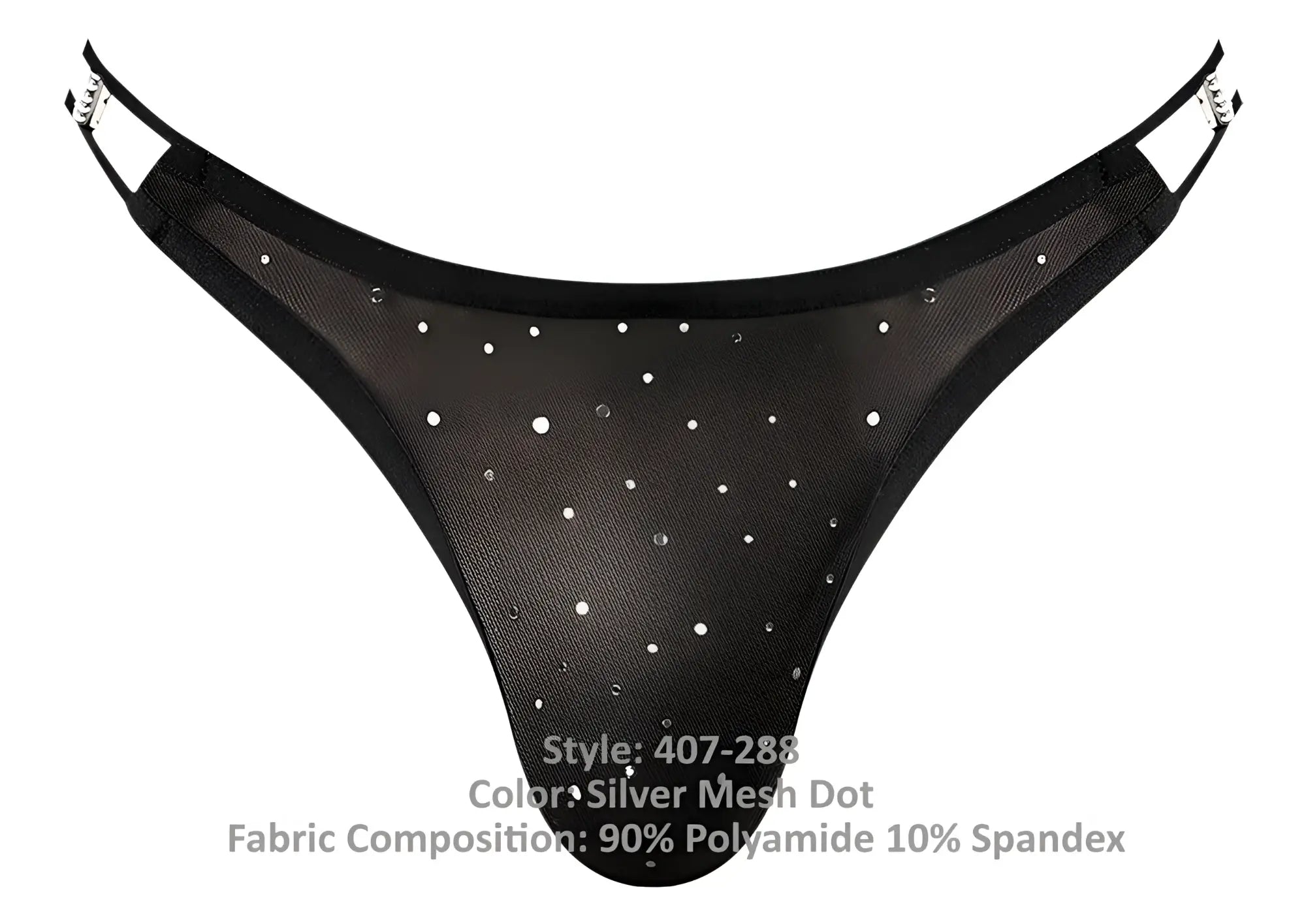 Black male power show stopper thong with silver mesh dot design and adjustable straps visible from the back side