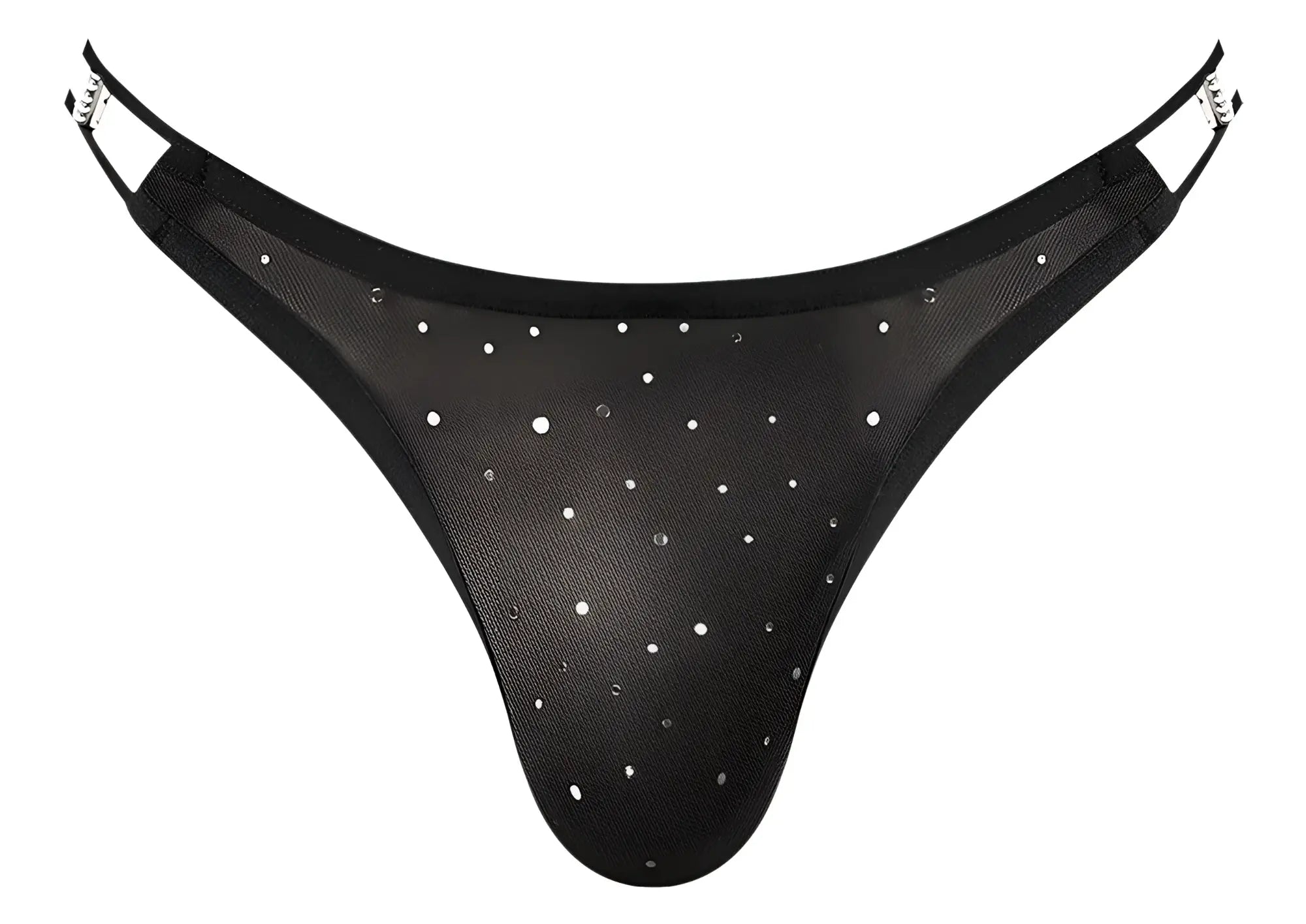 Male power 407-288 show stopper silver mesh dot thong with black mesh and silver rhinestones and adjustable metallic straps