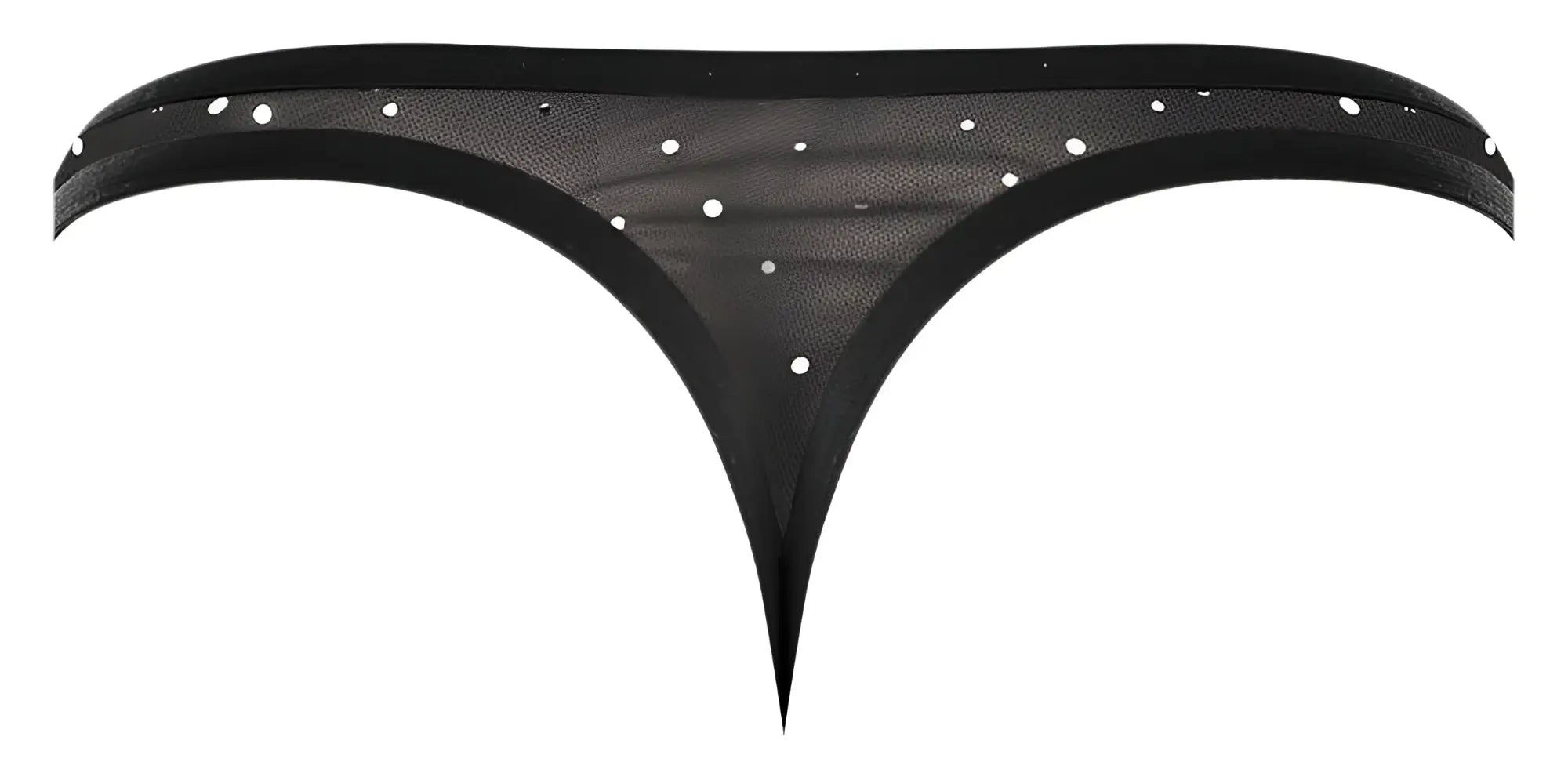 Male power 407-288 show stopper thong in black sheer mesh with white dot embellishments front view