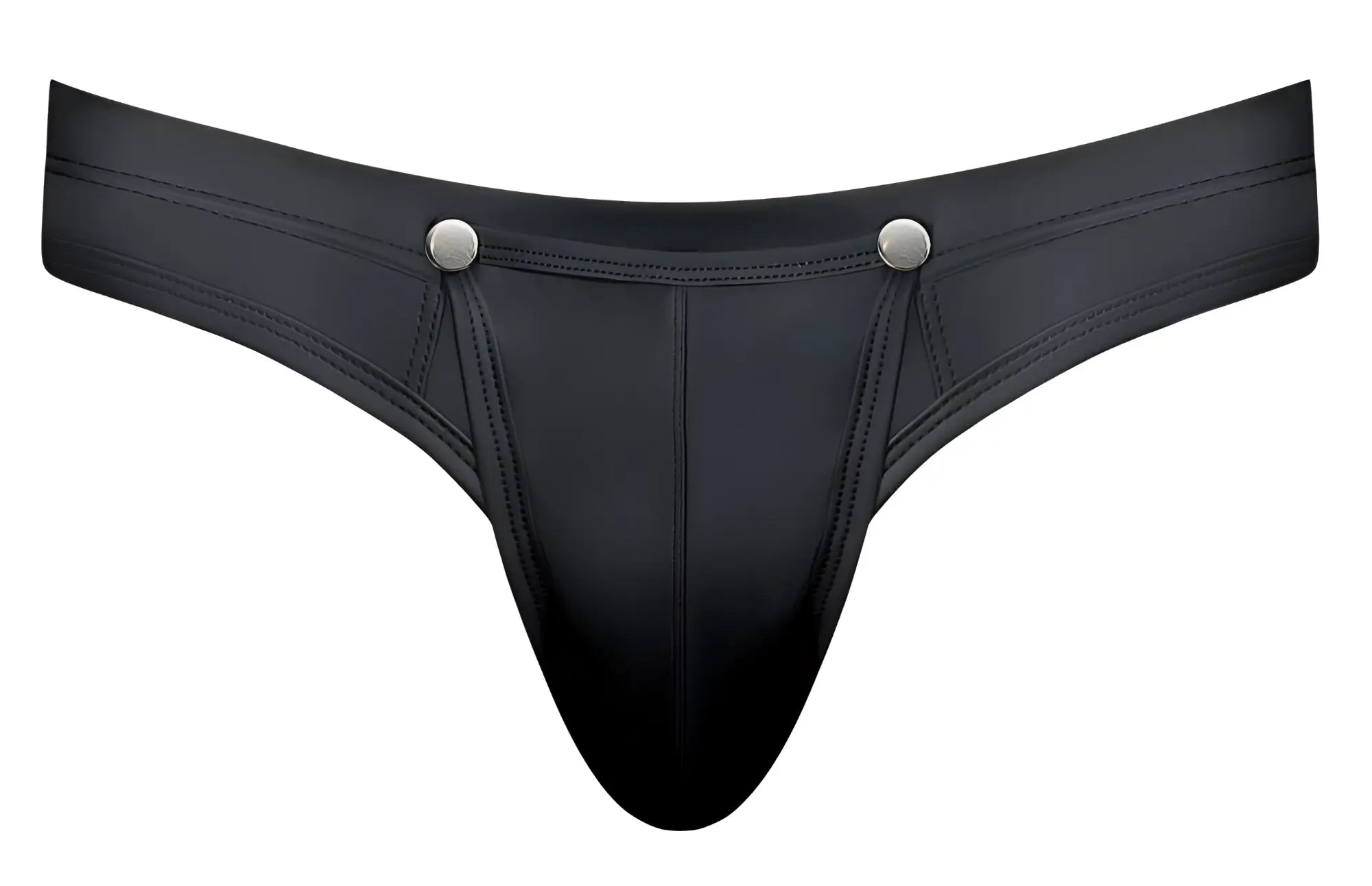 Black leather thong with silver snap buttons at waistband from male power oh snap snap off thong color black