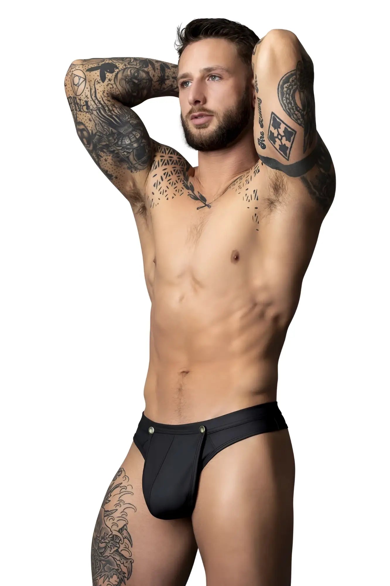 Male power 410-298 oh snap snap off thong in black leather with silver-toned button closures