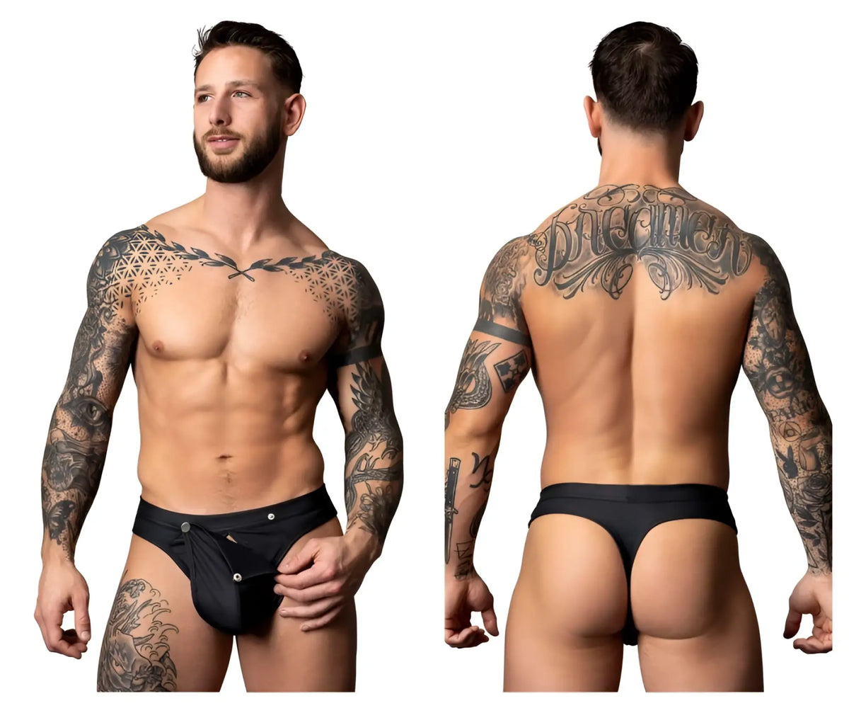 Black thong with silver button closures from male power 410-298 oh snap snap off thong in black, front view
