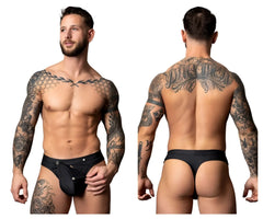 Black thong with silver button closures from male power 410-298 oh snap snap off thong in black, front view