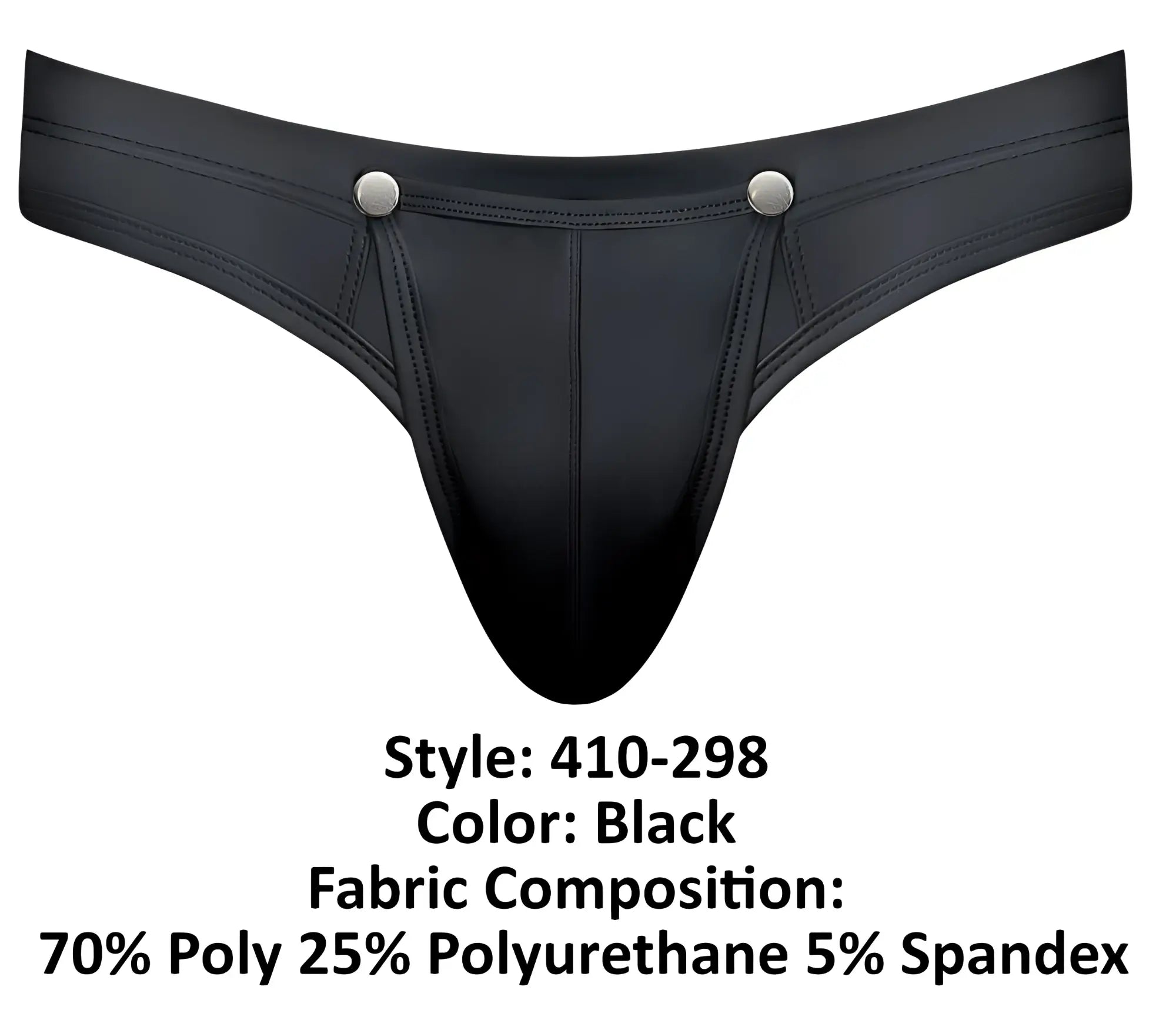 Male power 410-298 oh snap snap off thong in black with sleek glossy finish and silver snap buttons at waistband