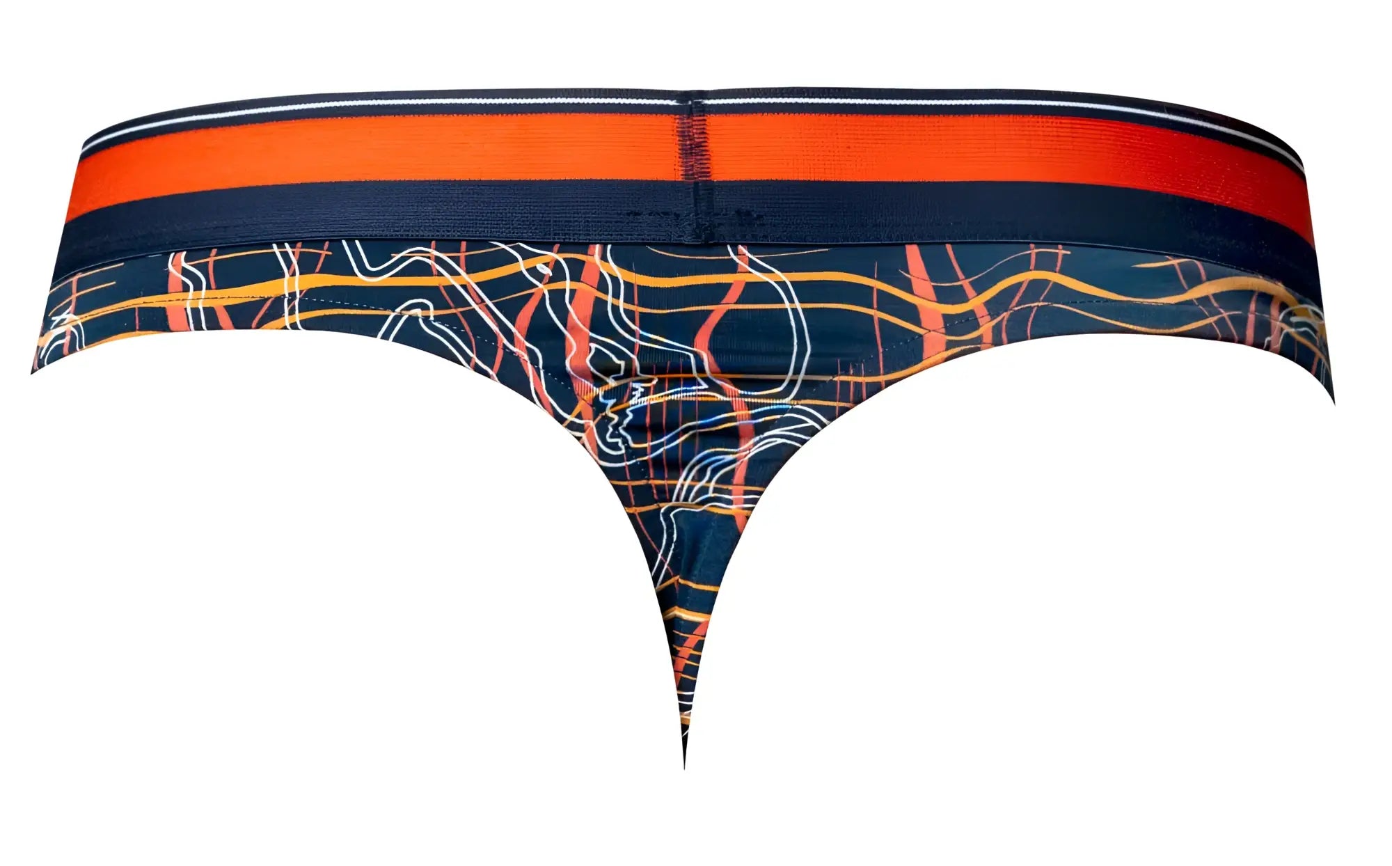 Navy blue male power 412-299 soo cumfy thong with bold orange waistband and abstract white yellow red line pattern