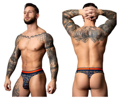 Male power 412-299 soo cumfy thong in navy and orange with intricate geometric and tribal patterns for men