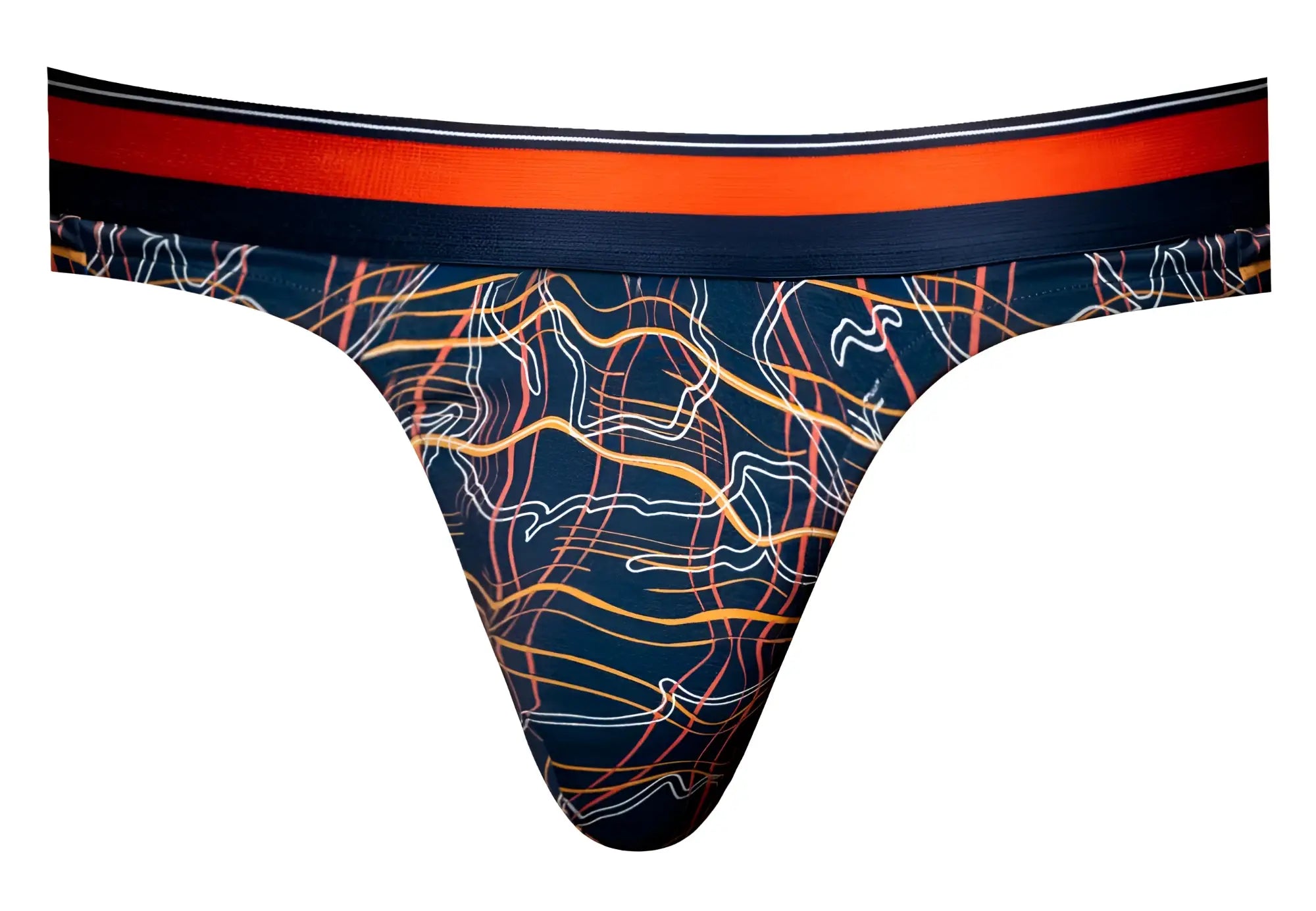 Male power 412-299 soo cumfy thong navy blue with orange yellow abstract lines and red black waistband front view