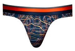 Male power 412-299 soo cumfy thong navy blue with orange yellow abstract lines and red black waistband front view
