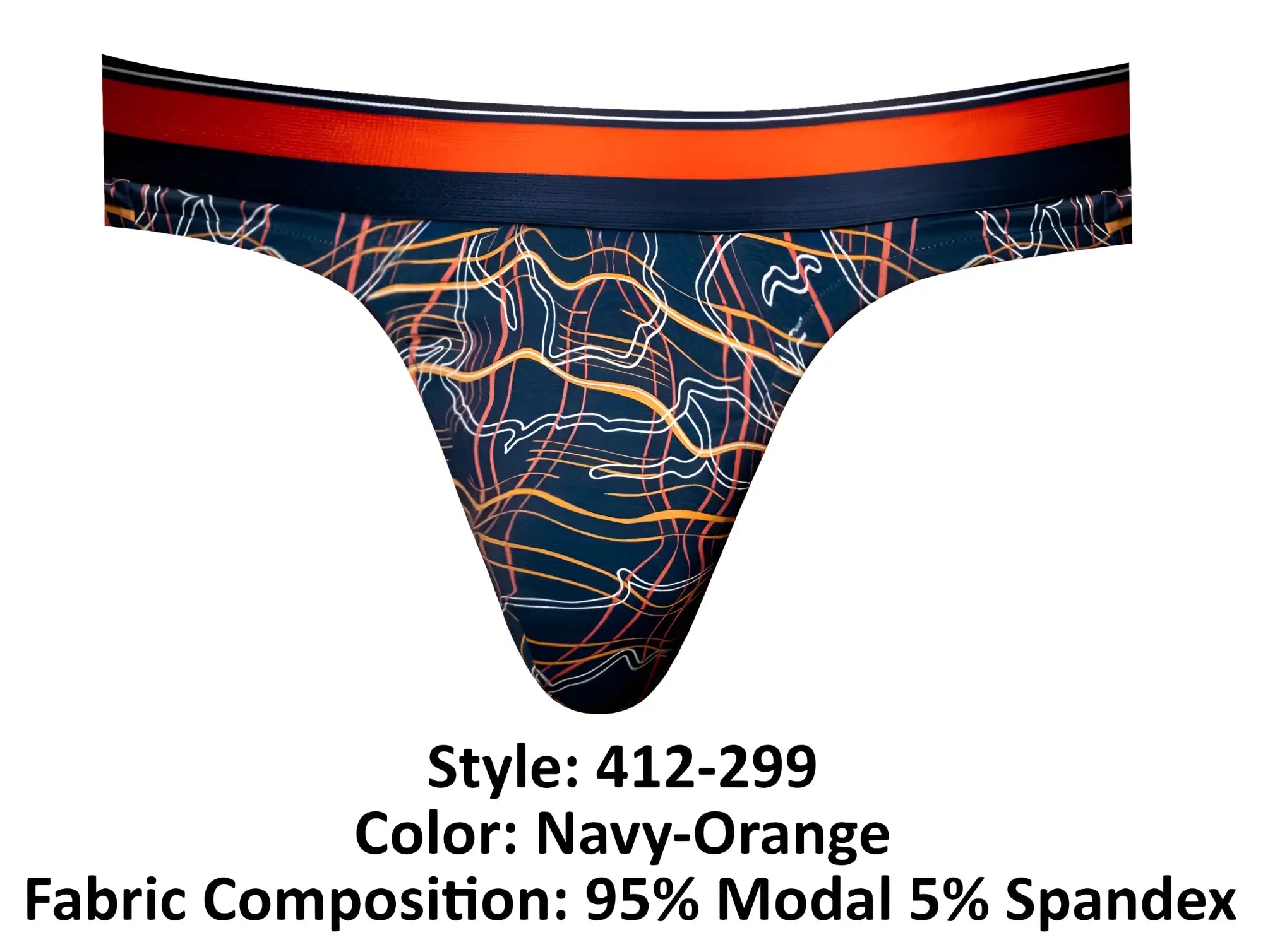 Male power 412-299 soo cumfy thong navy orange with bold abstract orange and white lines on dark blue base front view